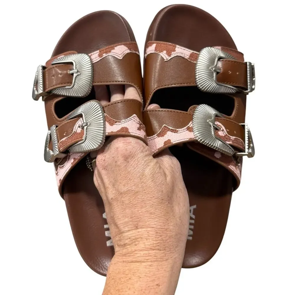 MIA Tibby Western Cow Print Double Buckle Slide Sandals Brown Pink Size 7